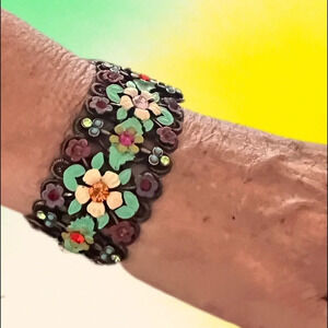 Vintage Bracelet bronze enameled flowers and heavy bright rhinestones Boho Hippy